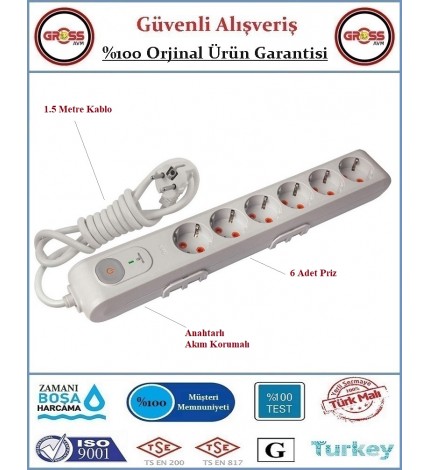 Viko Akım, Şok Korumalı Anahtarlı Uzatma Grup Priz - 1,5 Metre