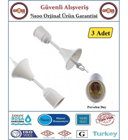 Muhafazalı Askılı Asma Duy - Porselen Duy - 3 Adet
