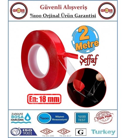 Çift Taraflı Akrilik Silikon Şeffaf Bant 18x2 Metre