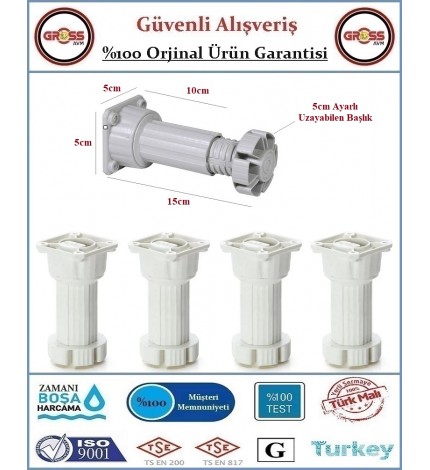 Plastik Baza Ayağı - Ayarlanabilir 10-15cm - Beyaz - 4 Adet