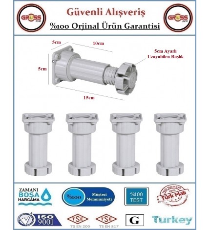 Plastik Baza Ayağı - Ayarlanabilir 10-15cm - Gri - 4 Adet