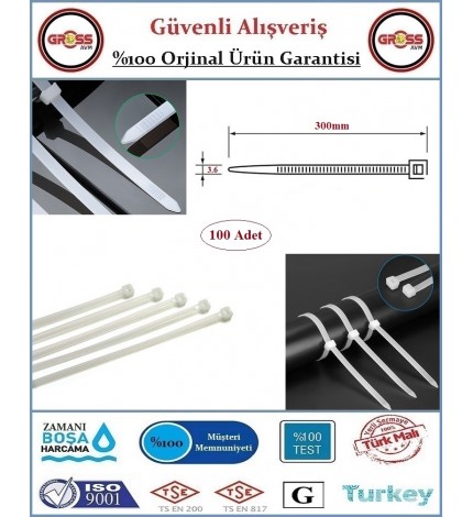 Cırt Kelepçe - Kablo Bağı - 3.6X300MM Beyaz - 100 Adet