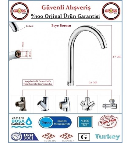 Mutfak Evye Mix Batarya Borusu - Prinç - Krom Kaplama - Baston Tipi