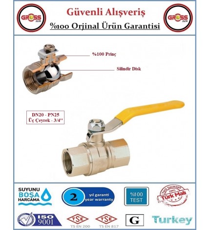 Küresel Doğal Gaz Vanası - %100 Prinç - 3/4''