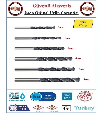 Hss Metal ve Ahşap Delici Matkap Ucu - 6 Adet - 3,4,5,6,7,8mm