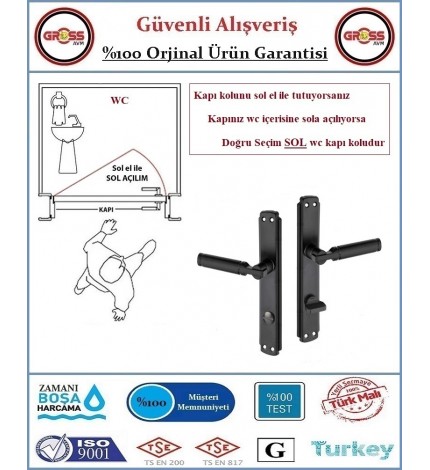Parçalı Wc Banyo Kapı Kolu - Mat Siyah - 1 Takım Ön ve Arka - Sol
