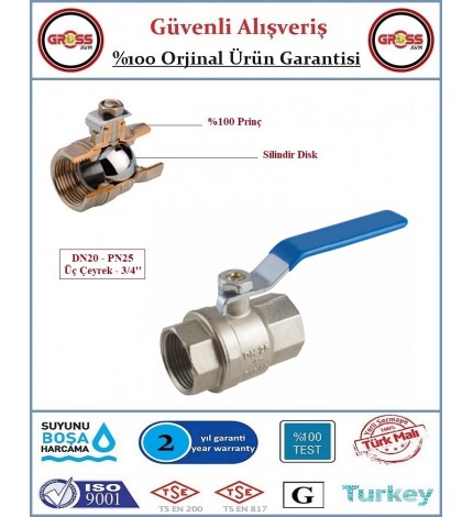 Küresel Temiz Su Vanası - %100 Prinç - 3/4''