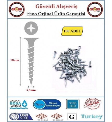 Sunta Vidası - Sivri Uçlu Ahşap Sunta Vidası - 3.5X18mm - 100 Adet