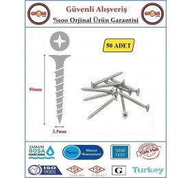 Sunta Vidası - Sivri Uçlu Ahşap Sunta Vidası - 3.5X50mm - 50 Adet