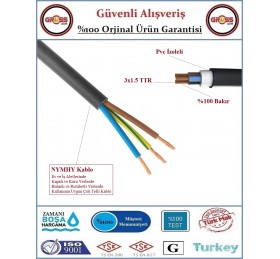 Öznur 3x1.5 Nymhy TTR Siyah Elektrik Uzatma Ara Kablosu - 1 Metre
