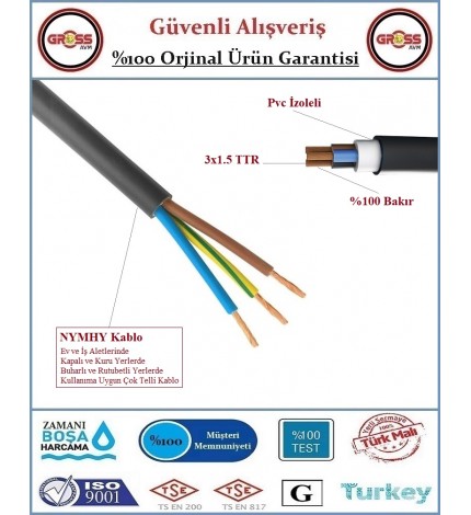Öznur 3x1.5 Nymhy TTR Siyah Elektrik Uzatma Ara Kablosu - 1 Metre Öznur 3x1.5 Nymhy TTR Siyah Elektrik Uzatma Ara Kablosu - 1 Metre