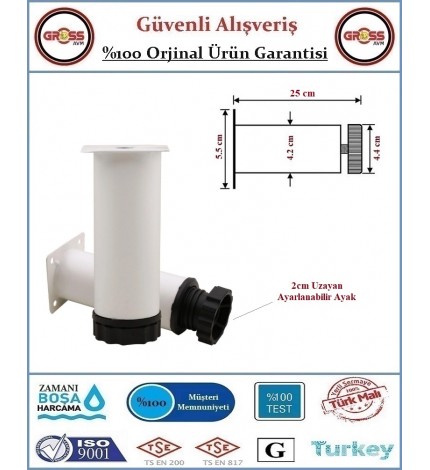 Metal Ayarlanabilir Koltuk - Mobilya - Baza Ayağı - 25cm - Beyaz - 2 Adet 