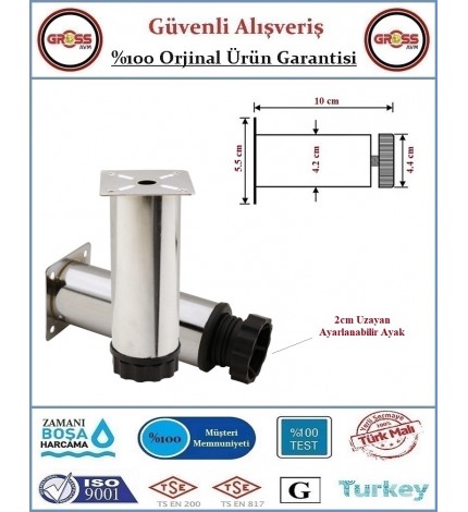 Metal Ayarlanabilir Koltuk - Mobilya - Baza Ayağı - 10cm - Krom - 2 Adet 