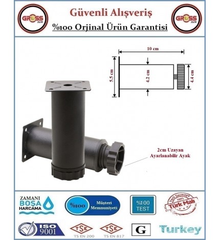Metal Ayarlanabilir Koltuk - Mobilya - Baza Ayağı - 10cm - Siyah - 2 Adet 