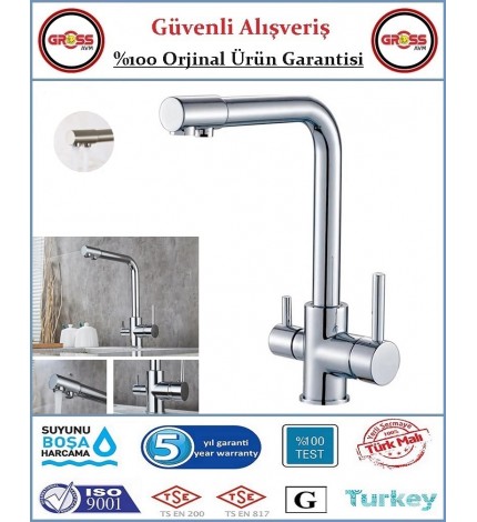 Uzay Su Arıtmalı Mutfak Evye Bataryası - 3 Yollu - Sıcak, Soğuk, Arıtma Çıkışlı - Krom