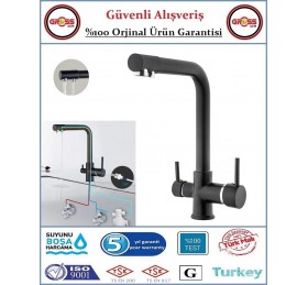 Uzay Su Arıtmalı Mutfak Evye Bataryası - 3 Yollu - Sıcak, Soğuk, Arıtma Çıkışlı - Siyah