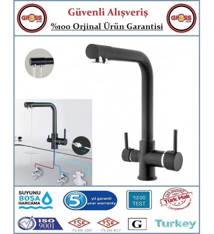 Uzay Su Arıtmalı Mutfak Evye Bataryası - 3 Yollu - Sıcak, Soğuk, Arıtma Çıkışlı - Siyah