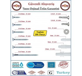Vida Dübel Seti - Sunta Vidası - Akıllı Vida - Dübel - Pul - 180 Parça
