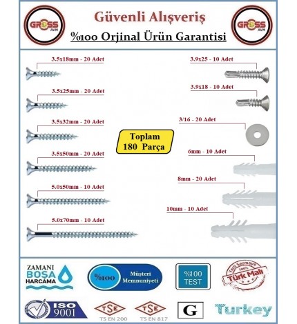 Vida Dübel Seti - Sunta Vidası - Akıllı Vida - Dübel - Pul - 180 Parça